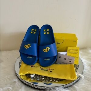 NIB  OFF-WHITE KIDS Slides Blue/yellow Color way Sz 8, 13, 1 , 2